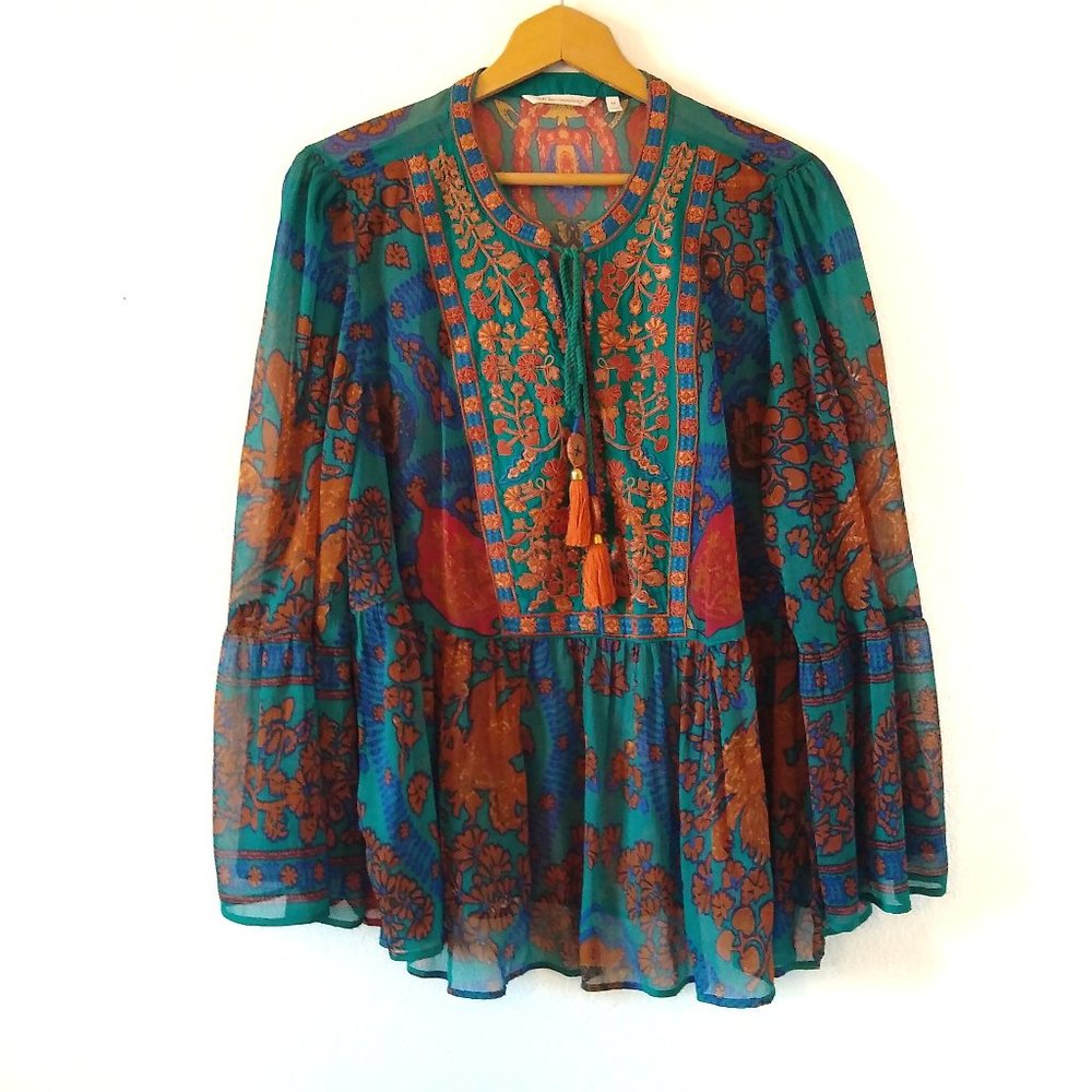 Soft Surroundings Shira Sheer Embroidered Tassel Bell Sleeve Top
